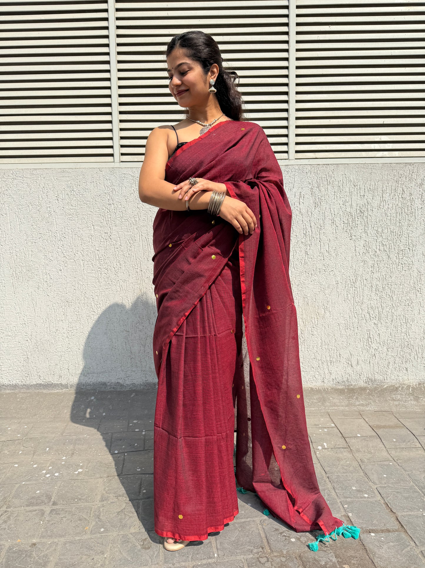 Maroon khadi cotton chumki saree