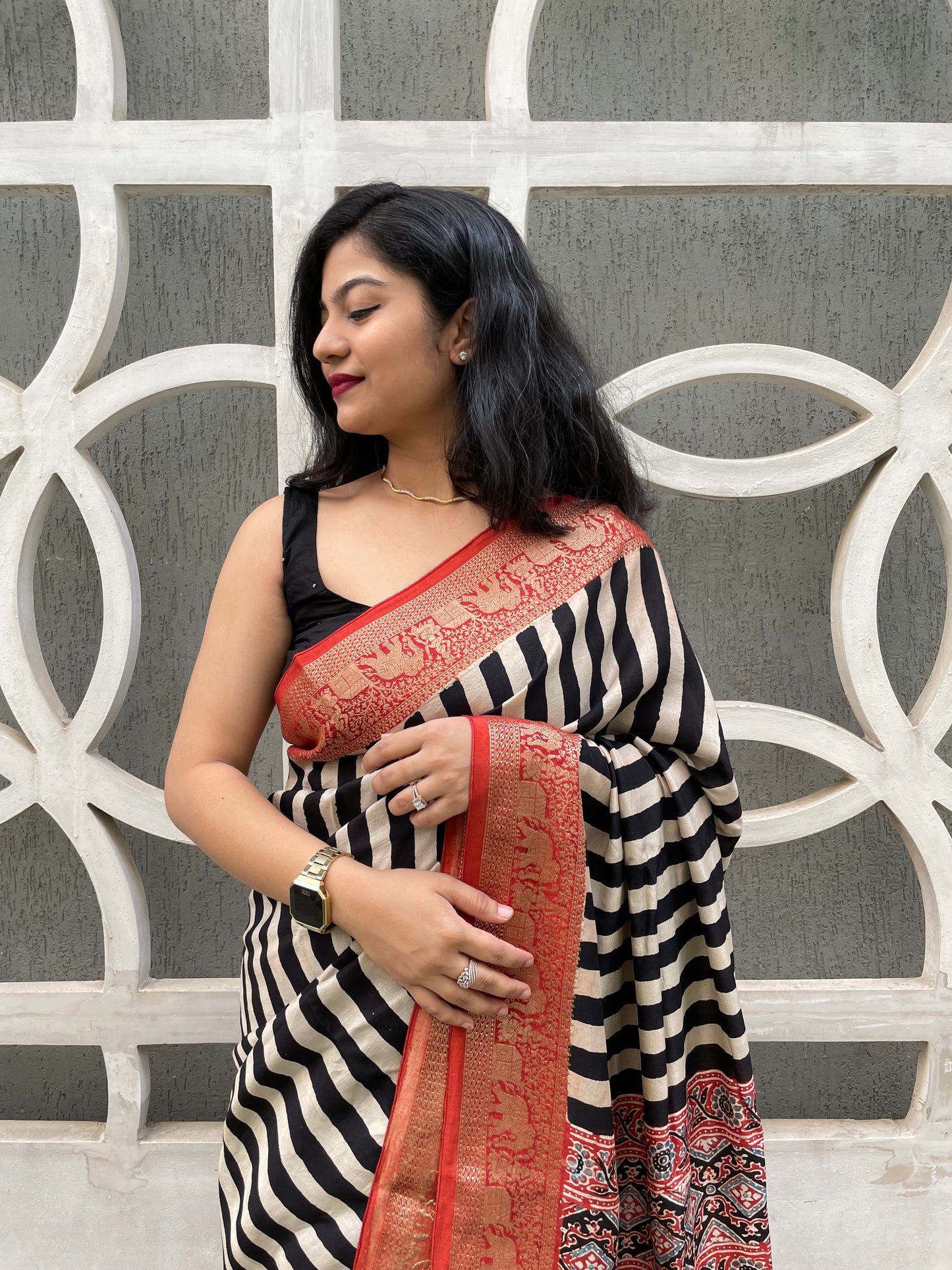 Ajrakh dola silk zari border saree