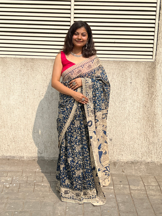 Blue kalamkari mul cotton saree