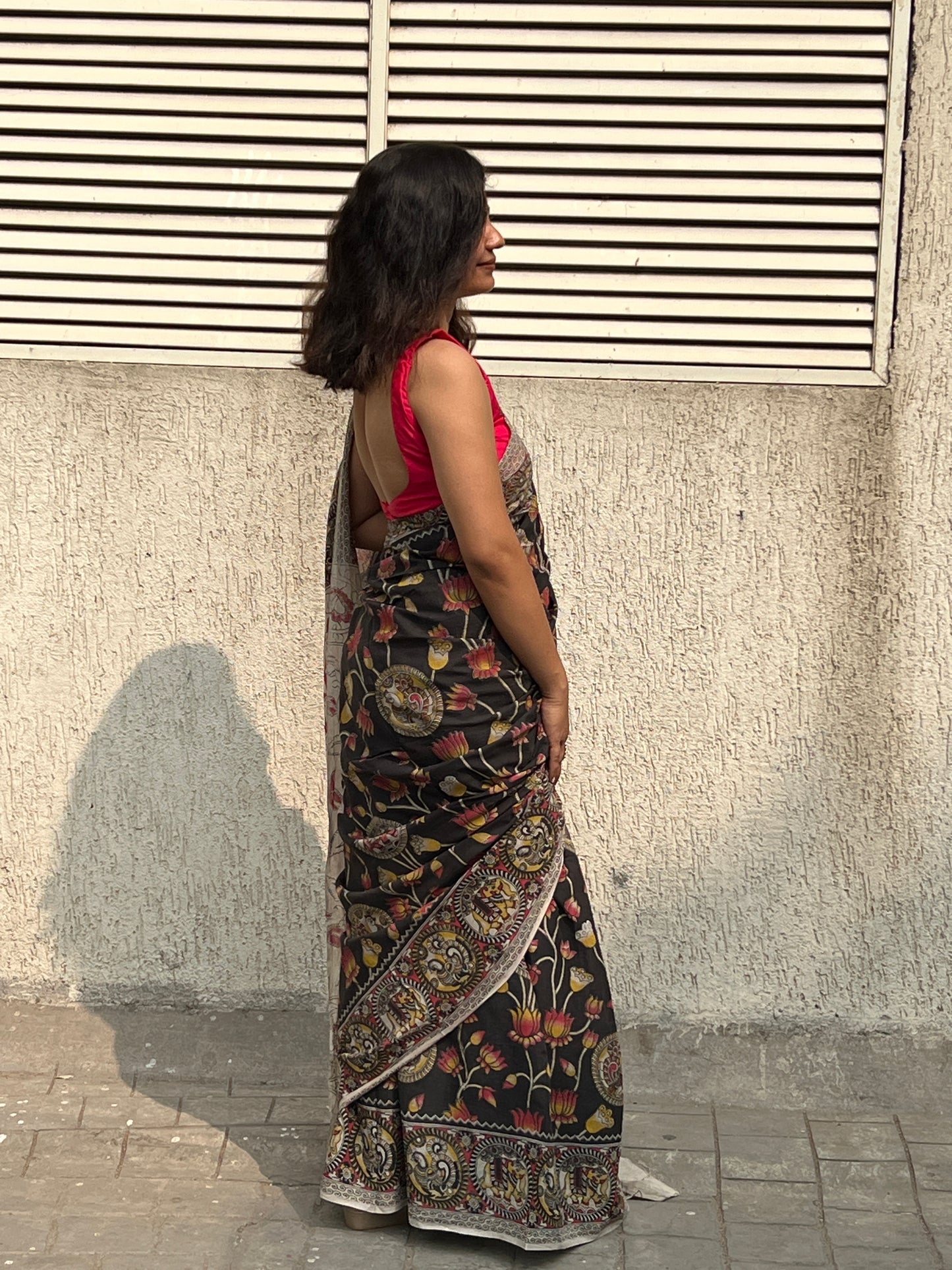 Black lotus kalamkari cotton saree