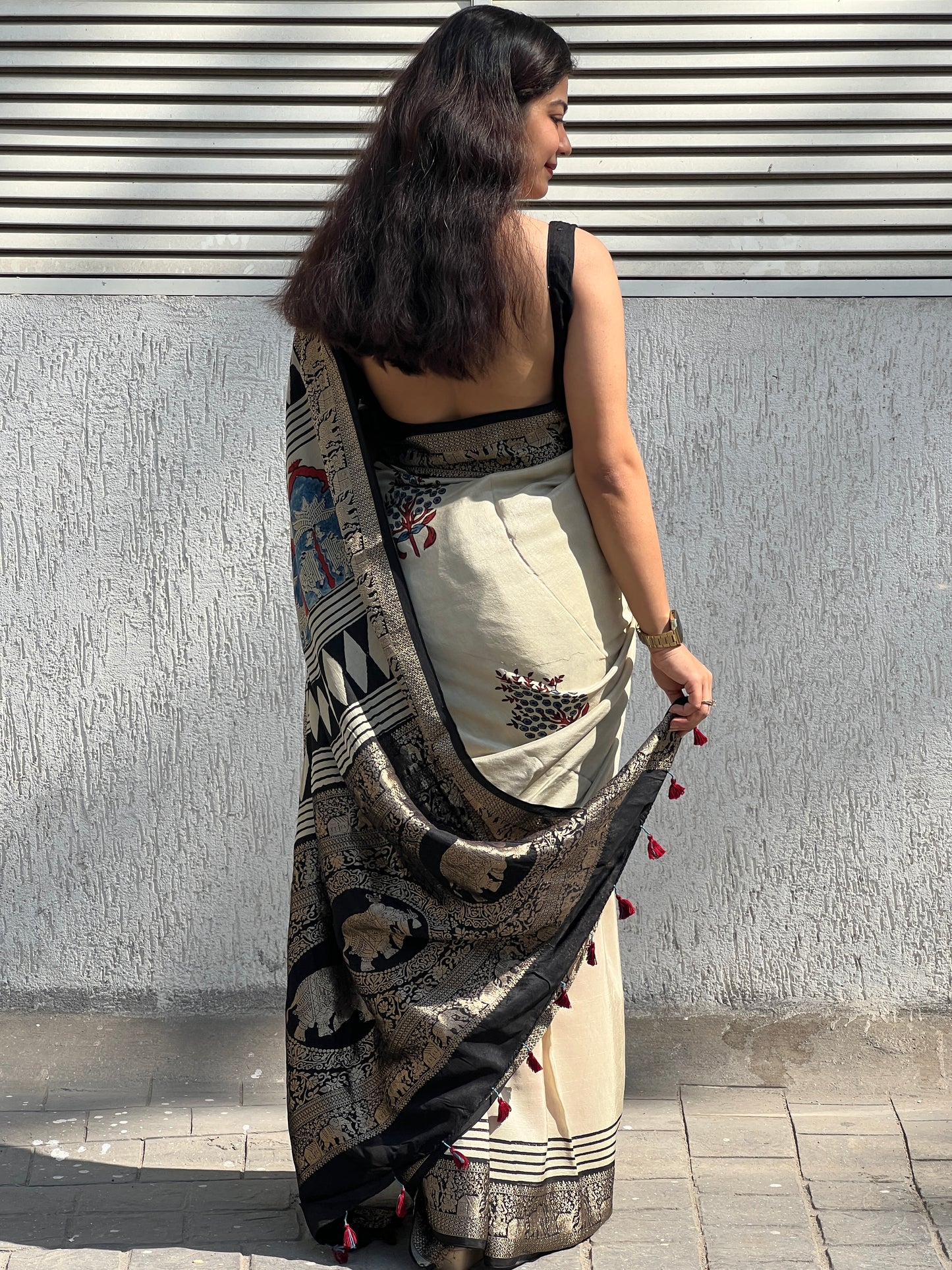 Beige Ajrakh dola silk saree