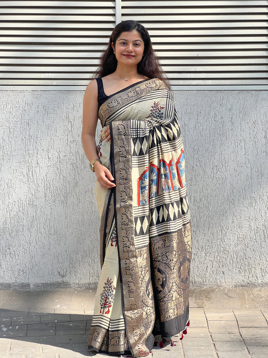 Beige Ajrakh dola silk saree