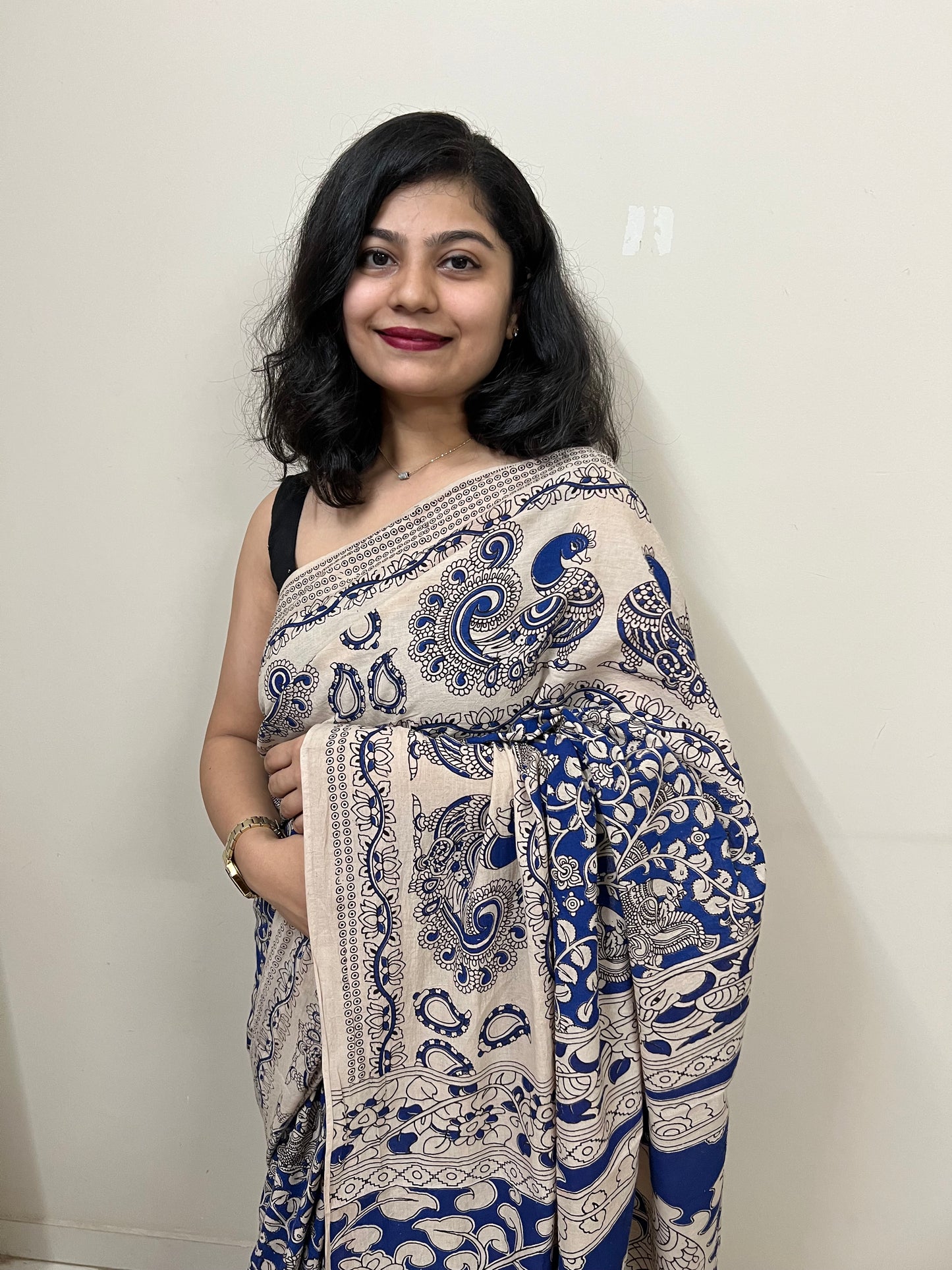 Blue kalamkari mul cotton saree