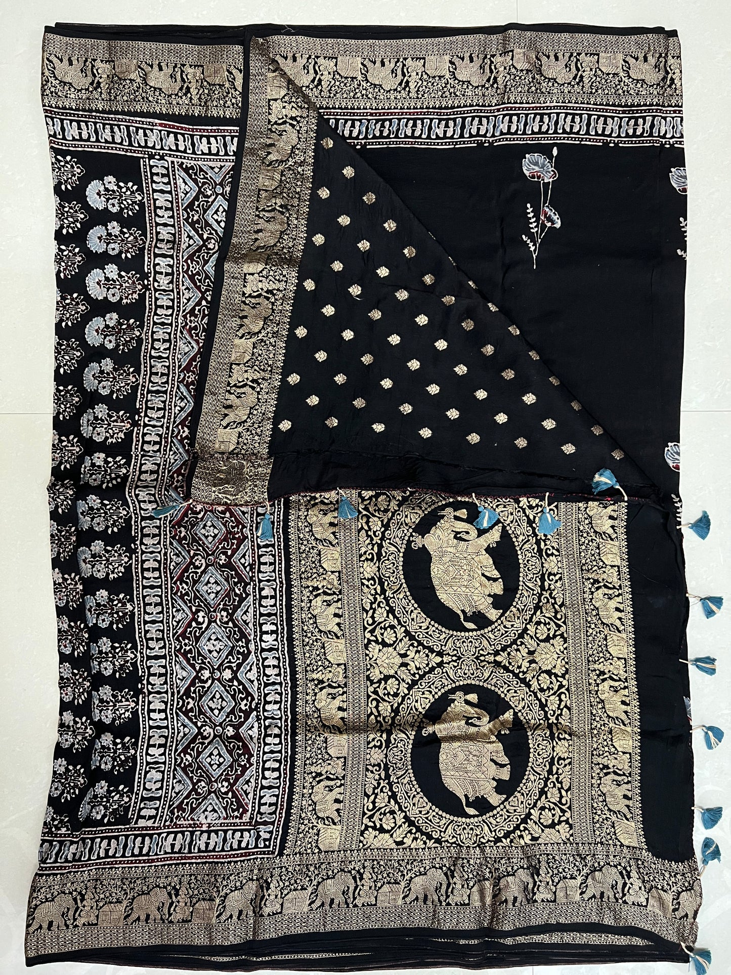 Black ajrakh dola silk zari border saree
