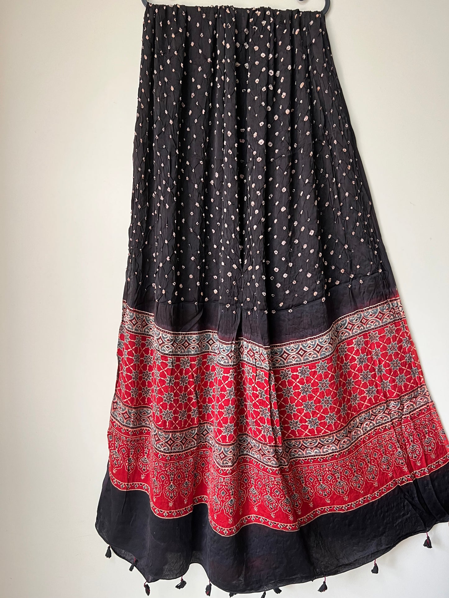 Black bandhani with red ajrakh silk dupatta