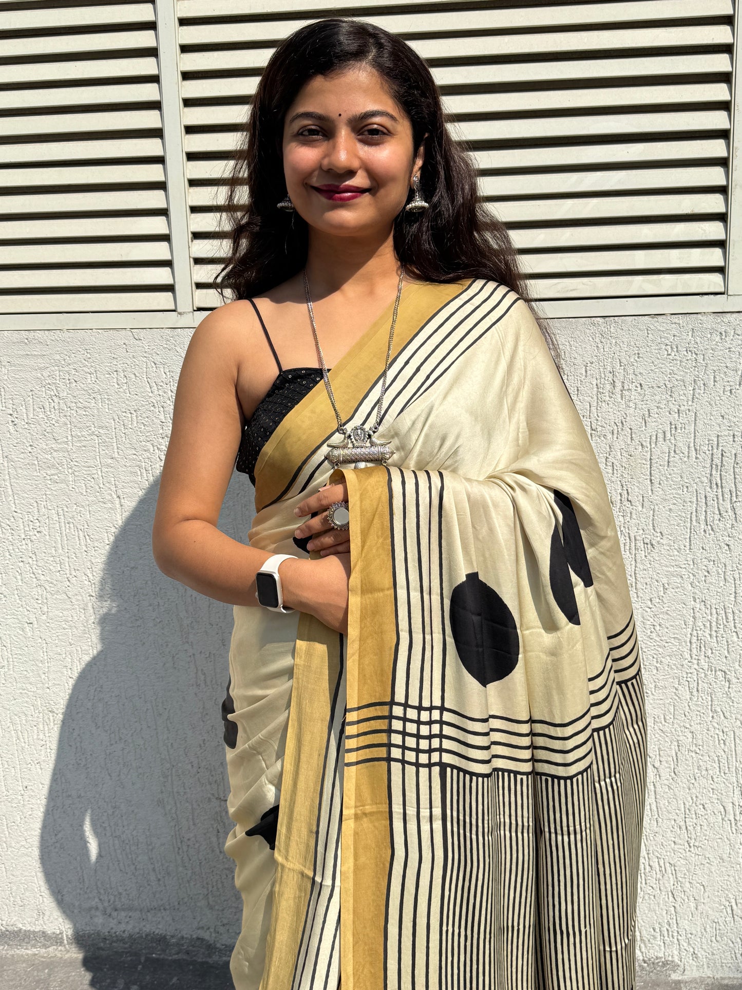 Beige polka dot ajrakh modal silk saree