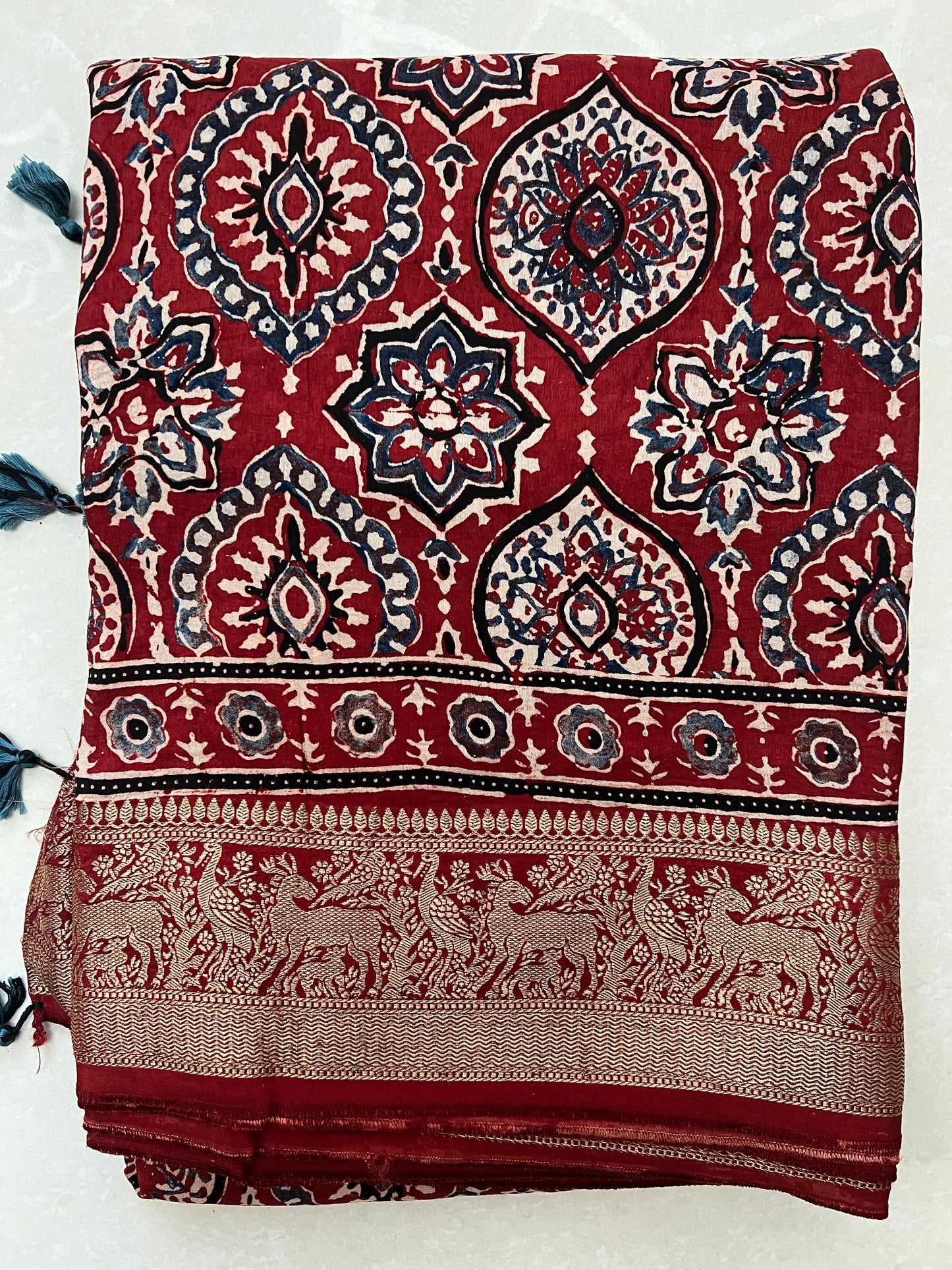 Maroon red ajrakh dola silk zari border saree