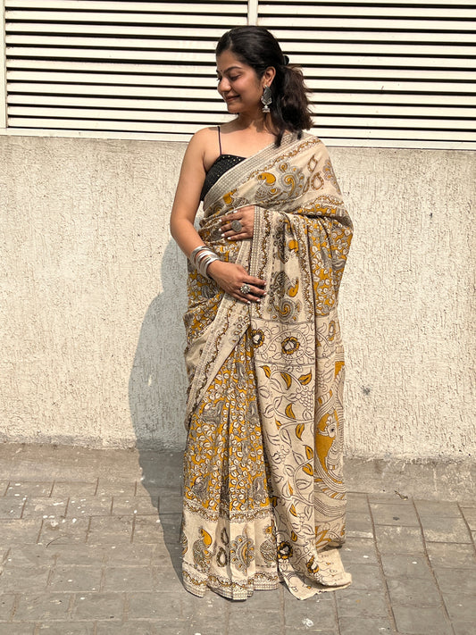 Yellow kalamkari mul cotton saree