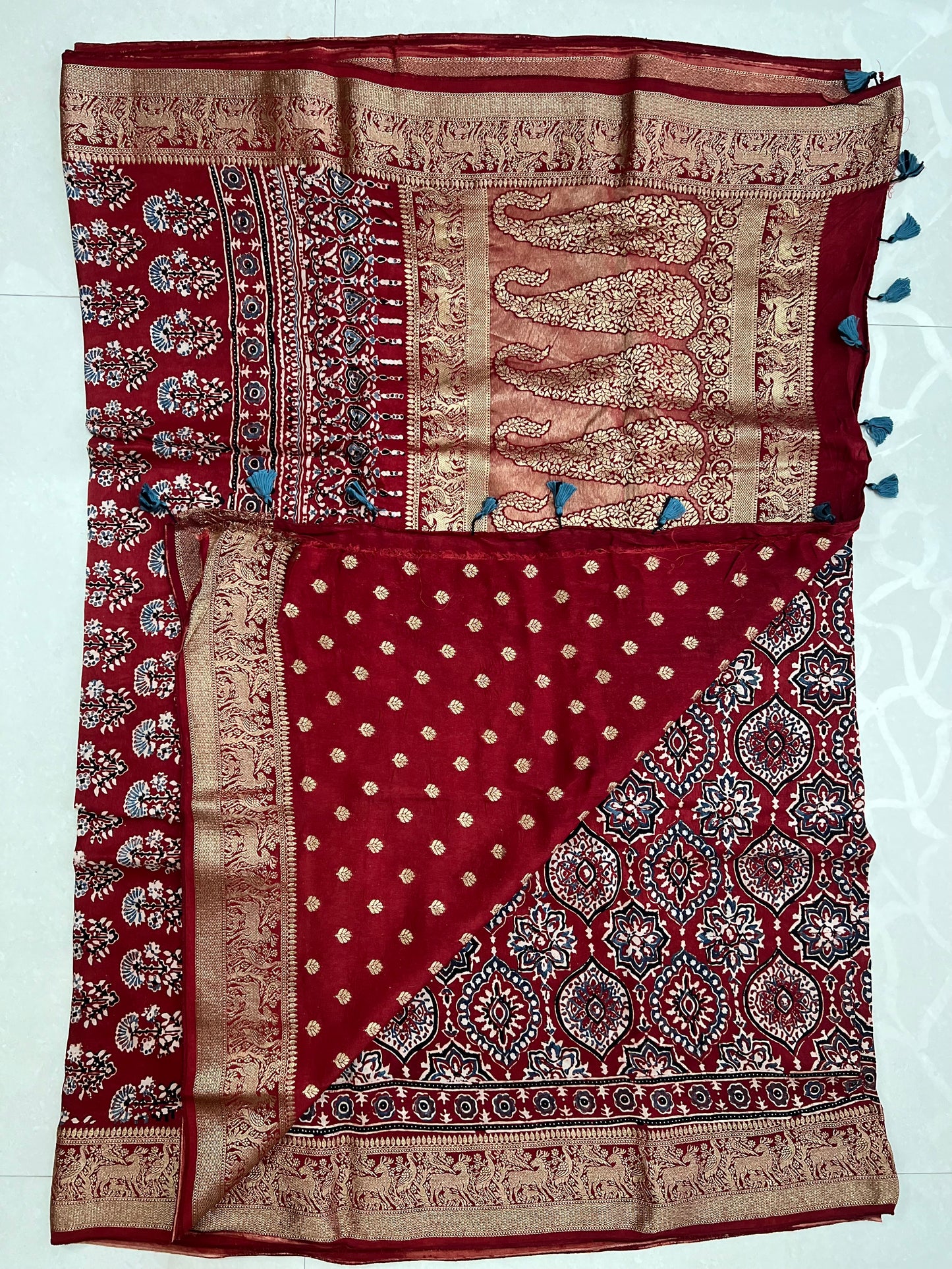 Maroon red ajrakh dola silk zari border saree