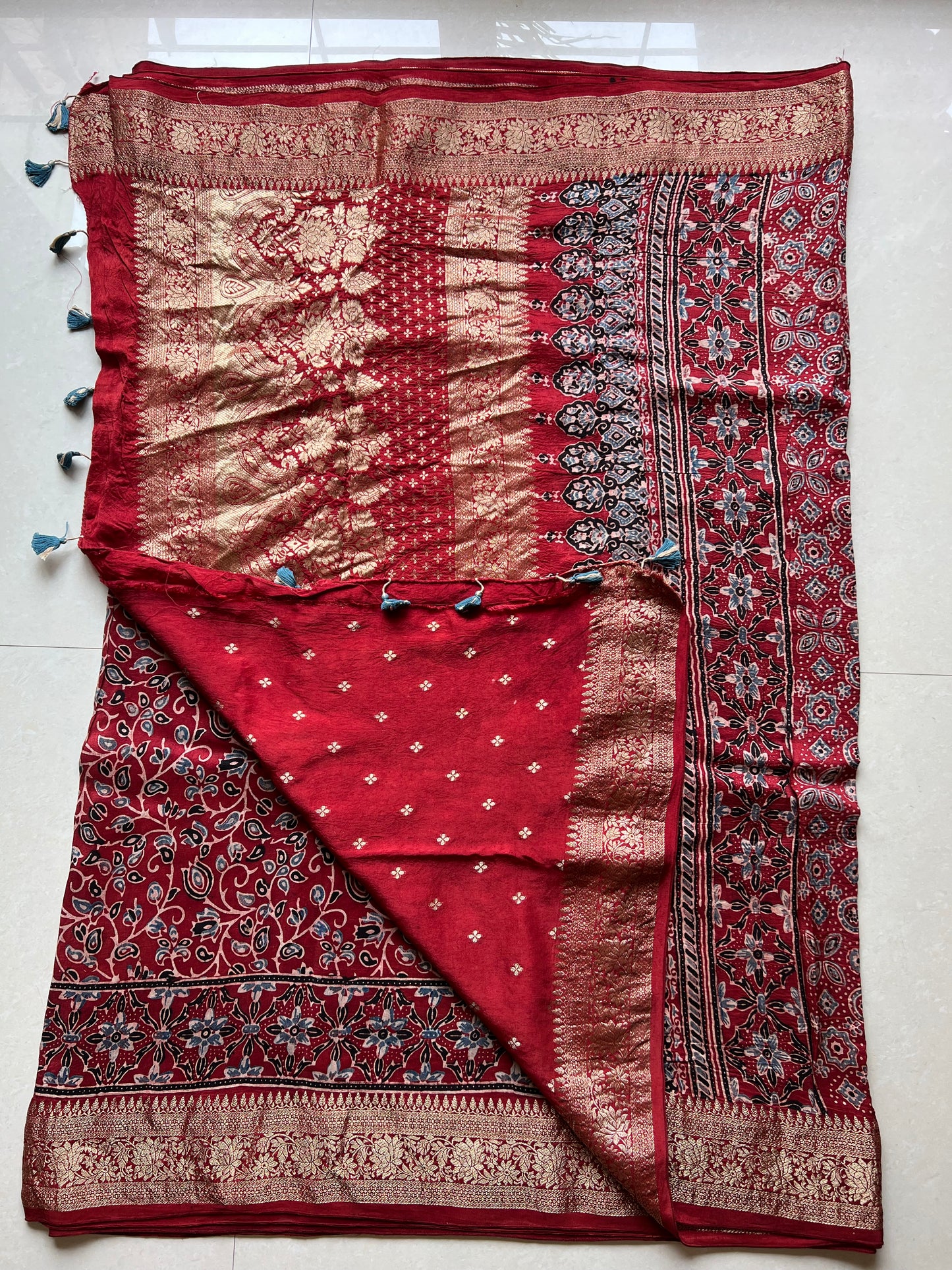 Red ajrakh dola silk zari border saree