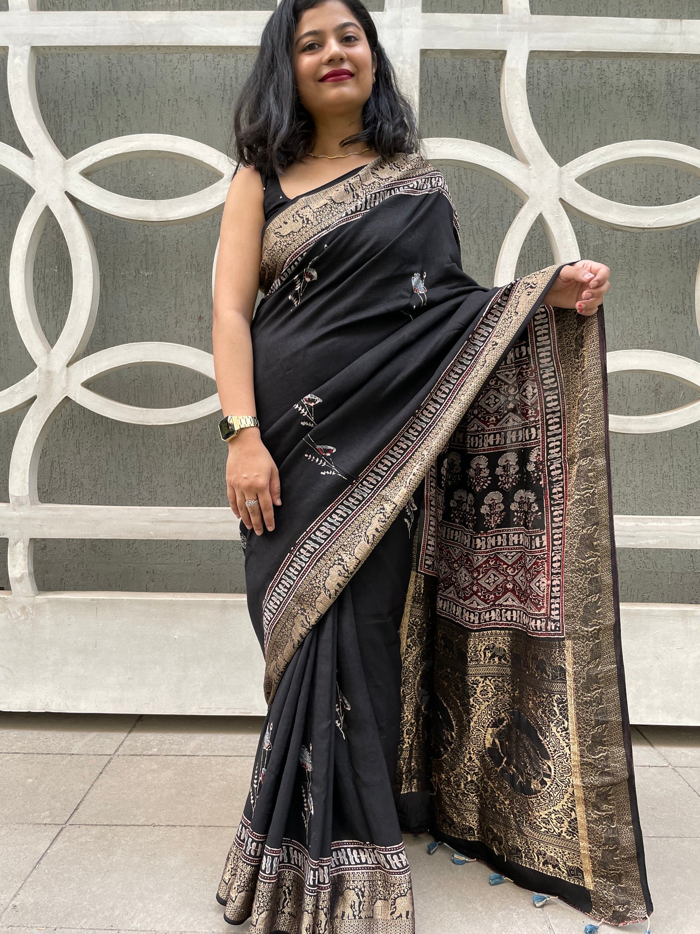 Black ajrakh dola silk zari border saree