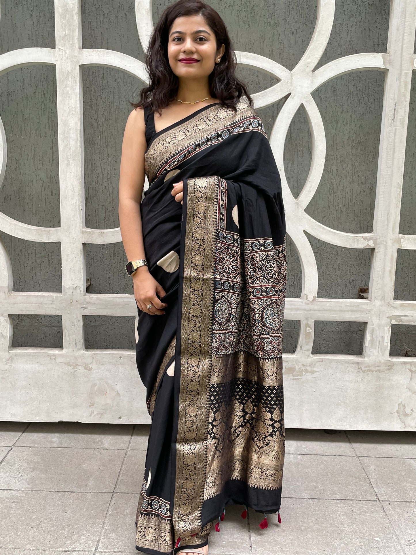 Black polka dot ajrakh dola silk saree