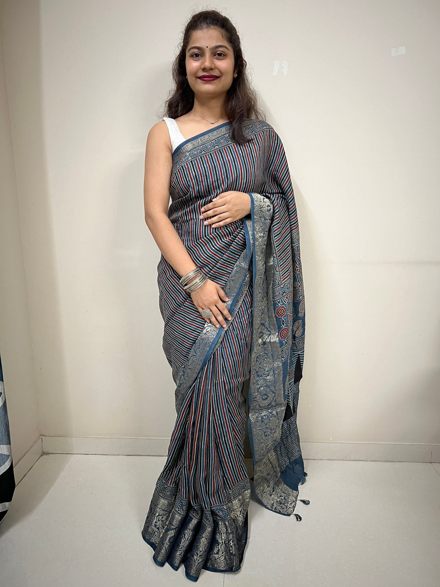 Ajrakh dola silk saree