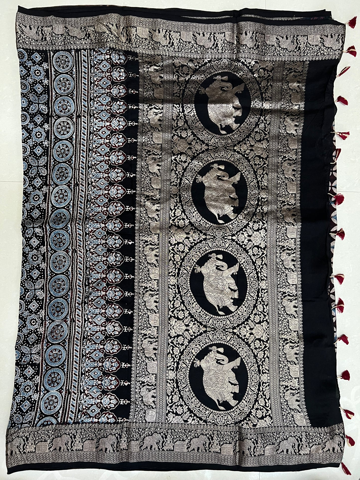 Black ajrakh dola silk zari border saree