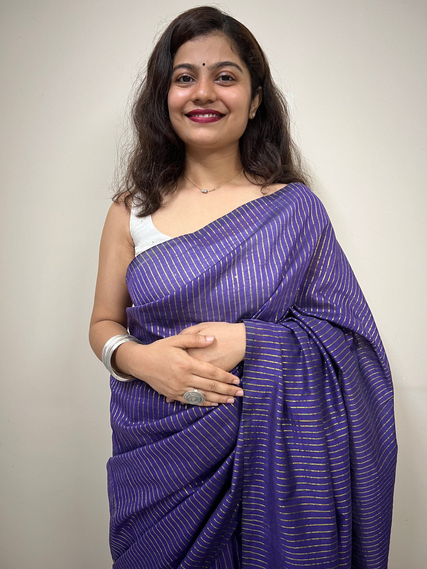 Purple khadi cotton lining saree