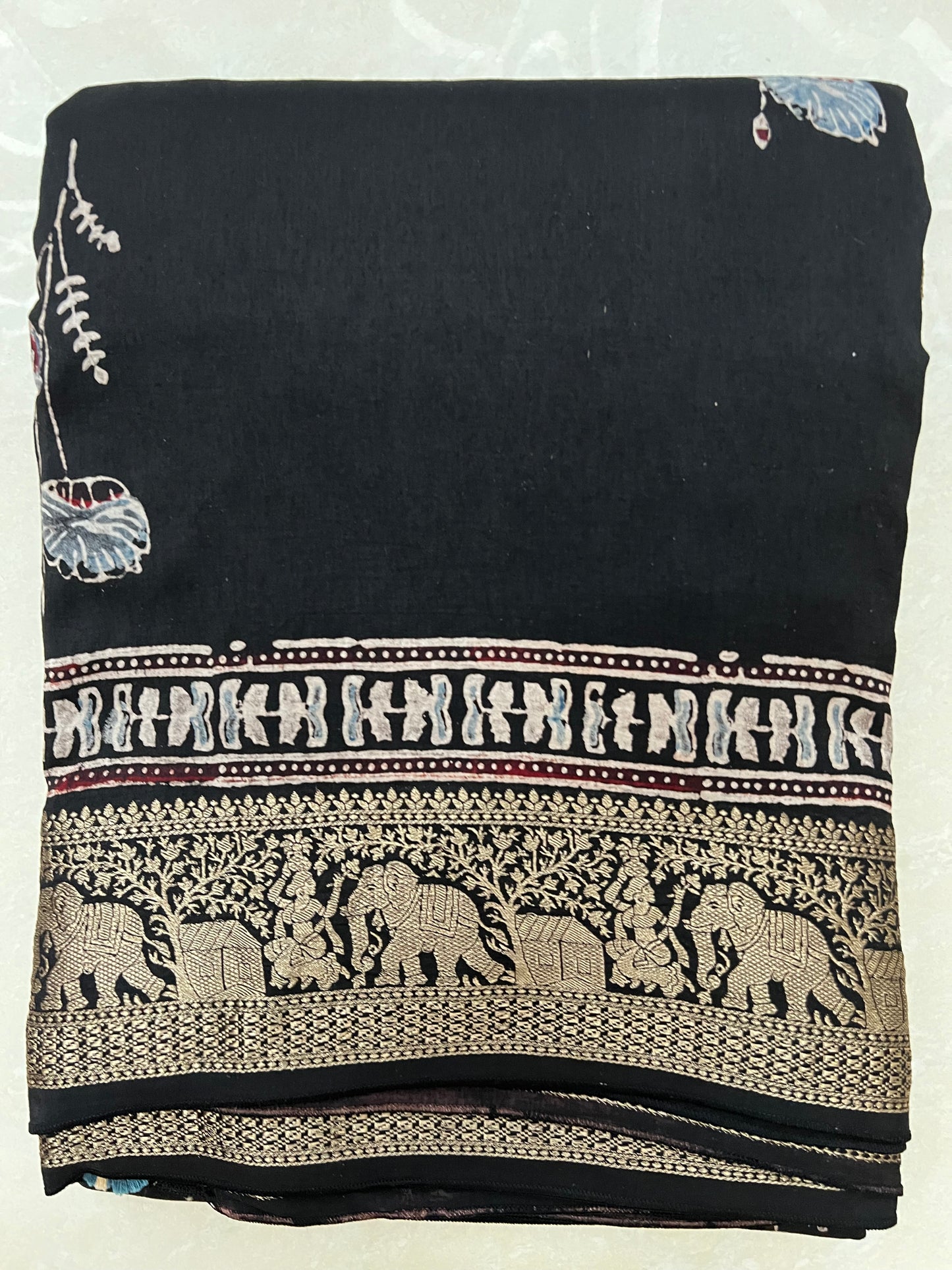Black ajrakh dola silk zari border saree