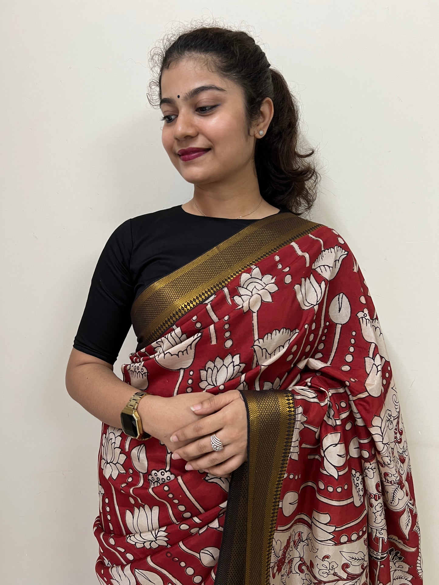 Maroon lotus Kalamkari chennur silk saree