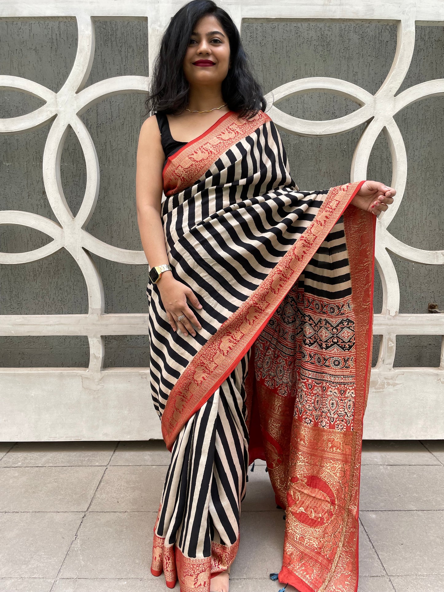 Ajrakh dola silk zari border saree
