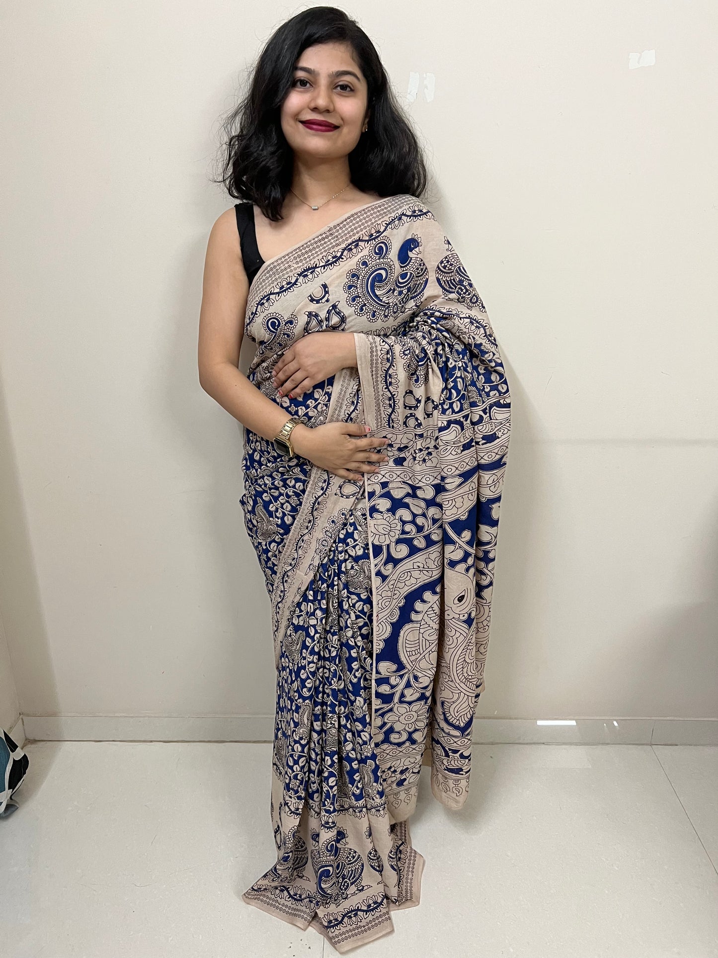 Blue kalamkari mul cotton saree