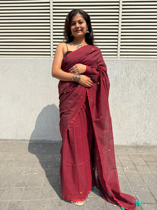 Maroon khadi cotton chumki saree