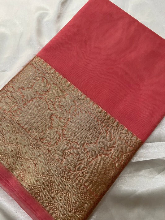 Peach organza banarasi saree