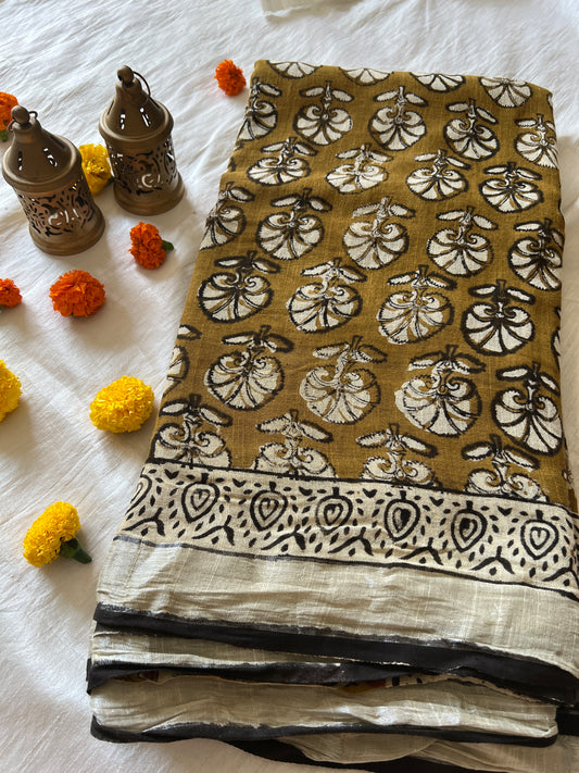 Handblock Linen Cotton Saree