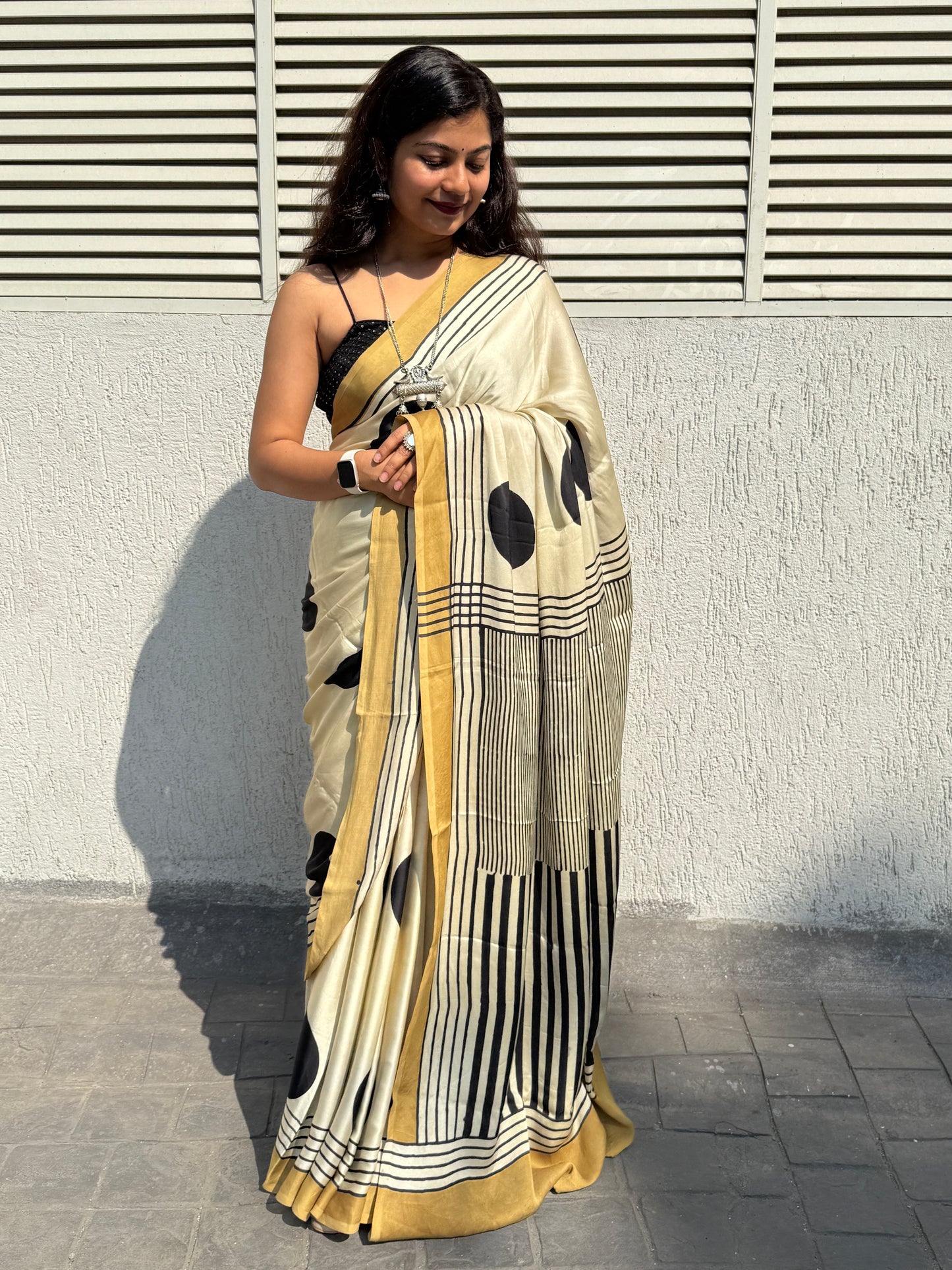 Beige polka dot ajrakh modal silk saree