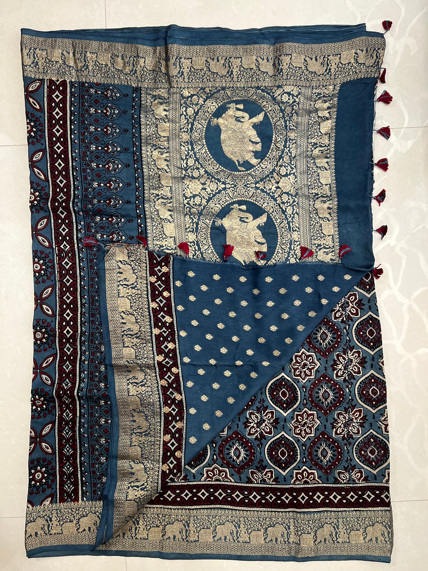 Indigo ajrakh dola silk zari border saree