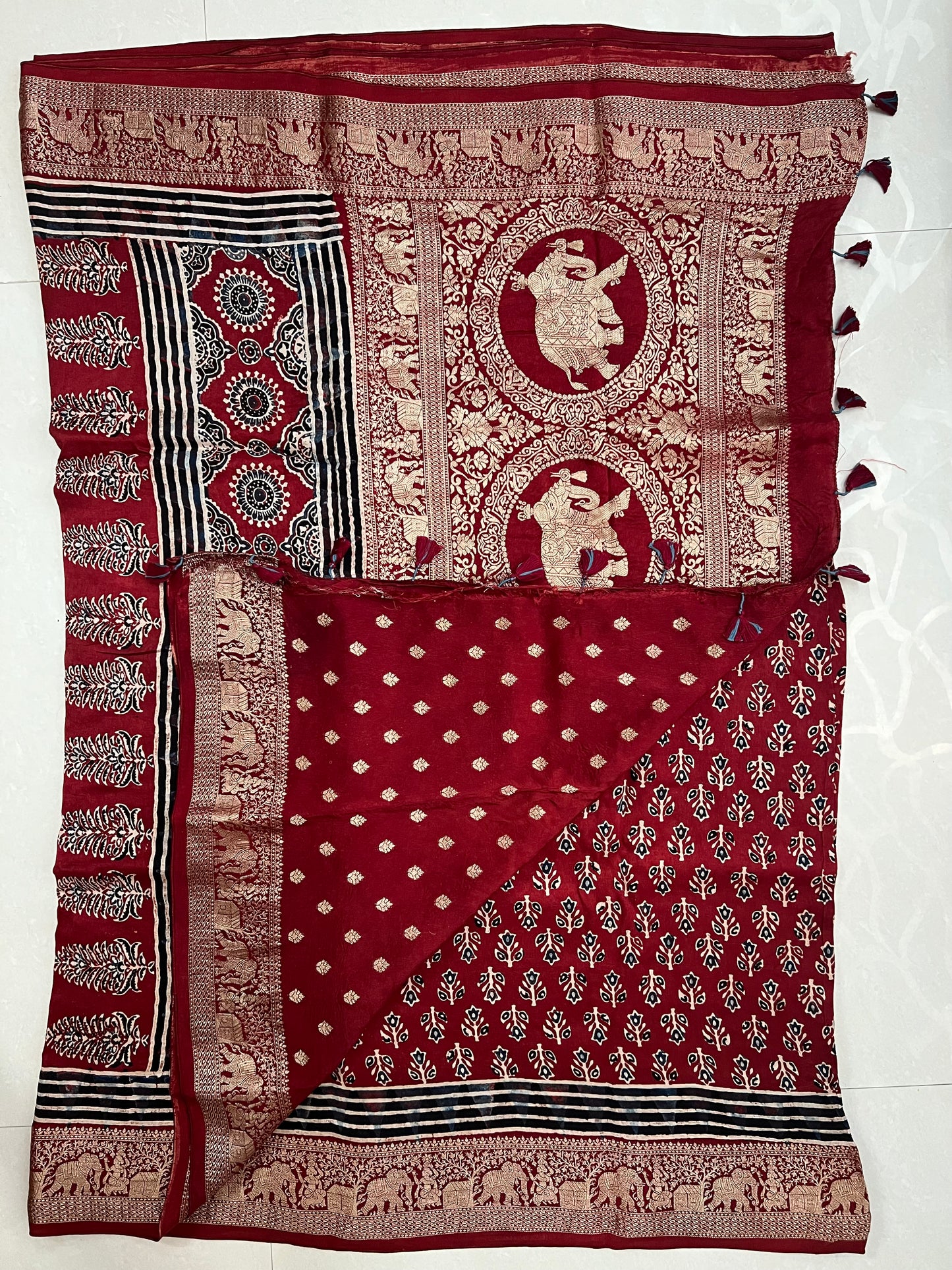 Maroon red dola silk handcrafted ajrakh saree