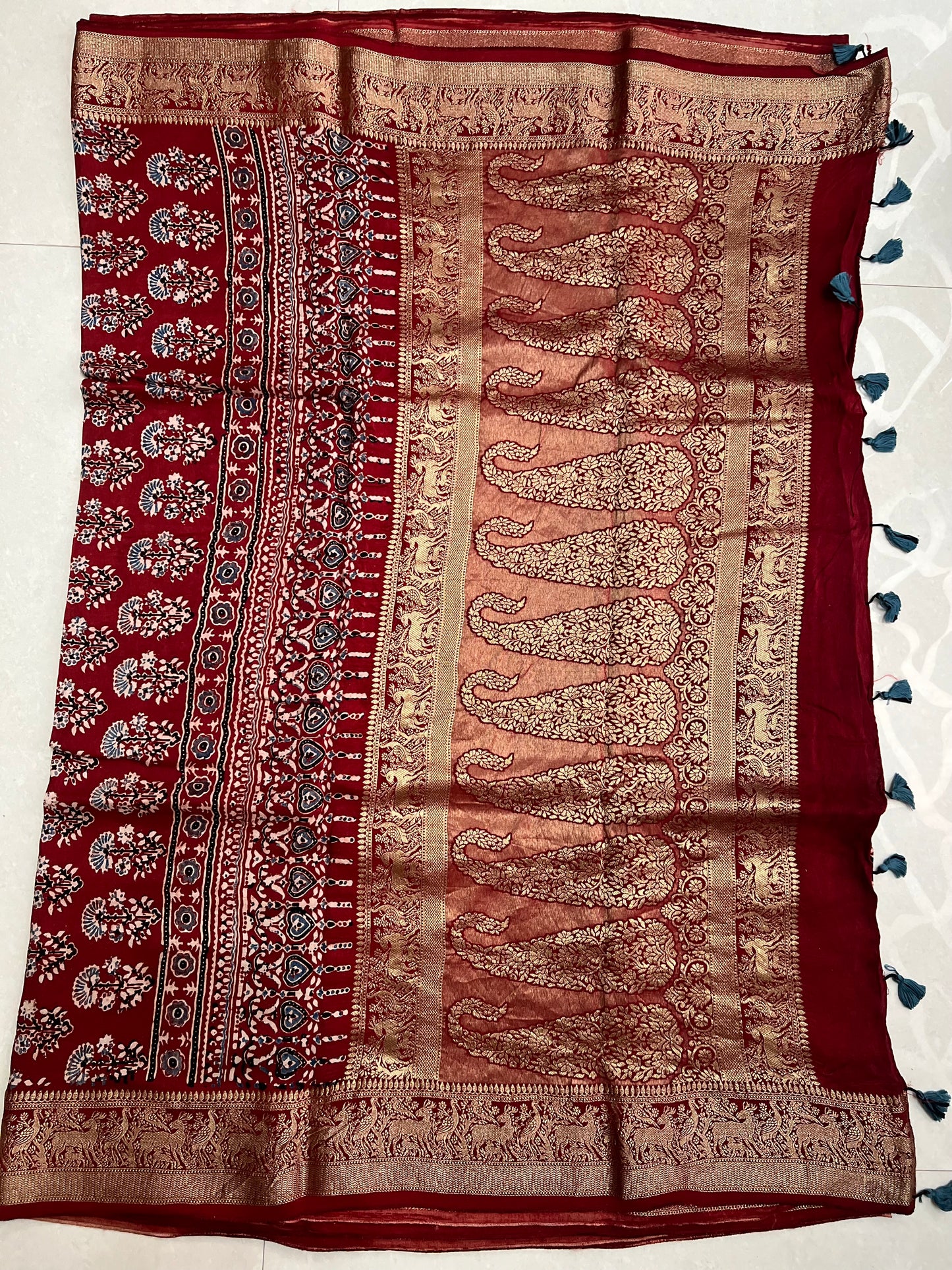 Maroon red ajrakh dola silk zari border saree