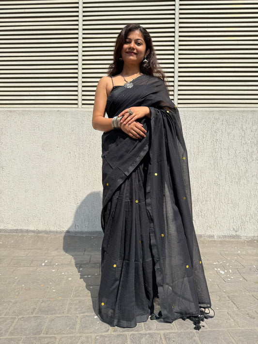 Black khadi cotton chumki saree