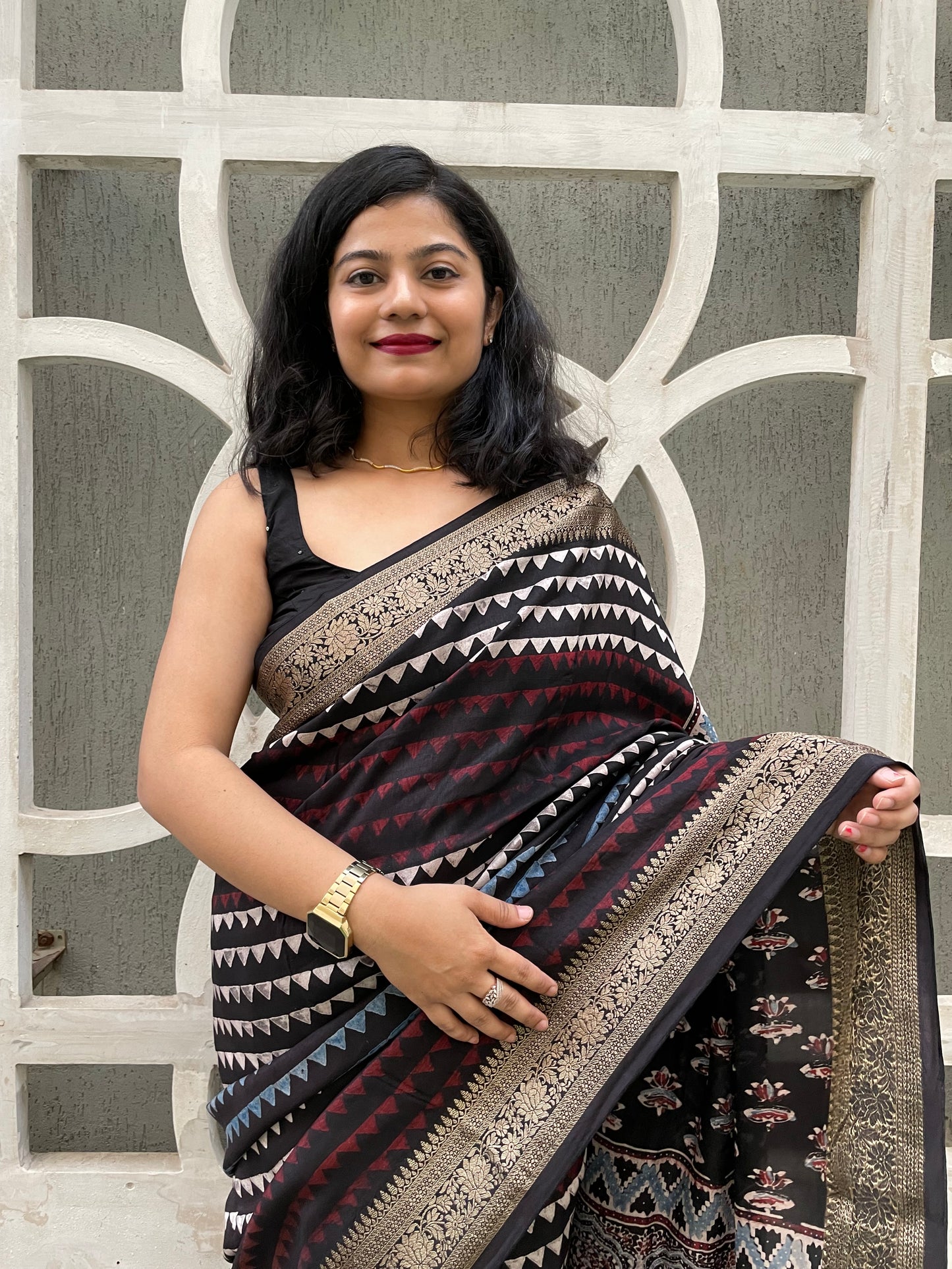 Black ajrakh dola silk zari border saree