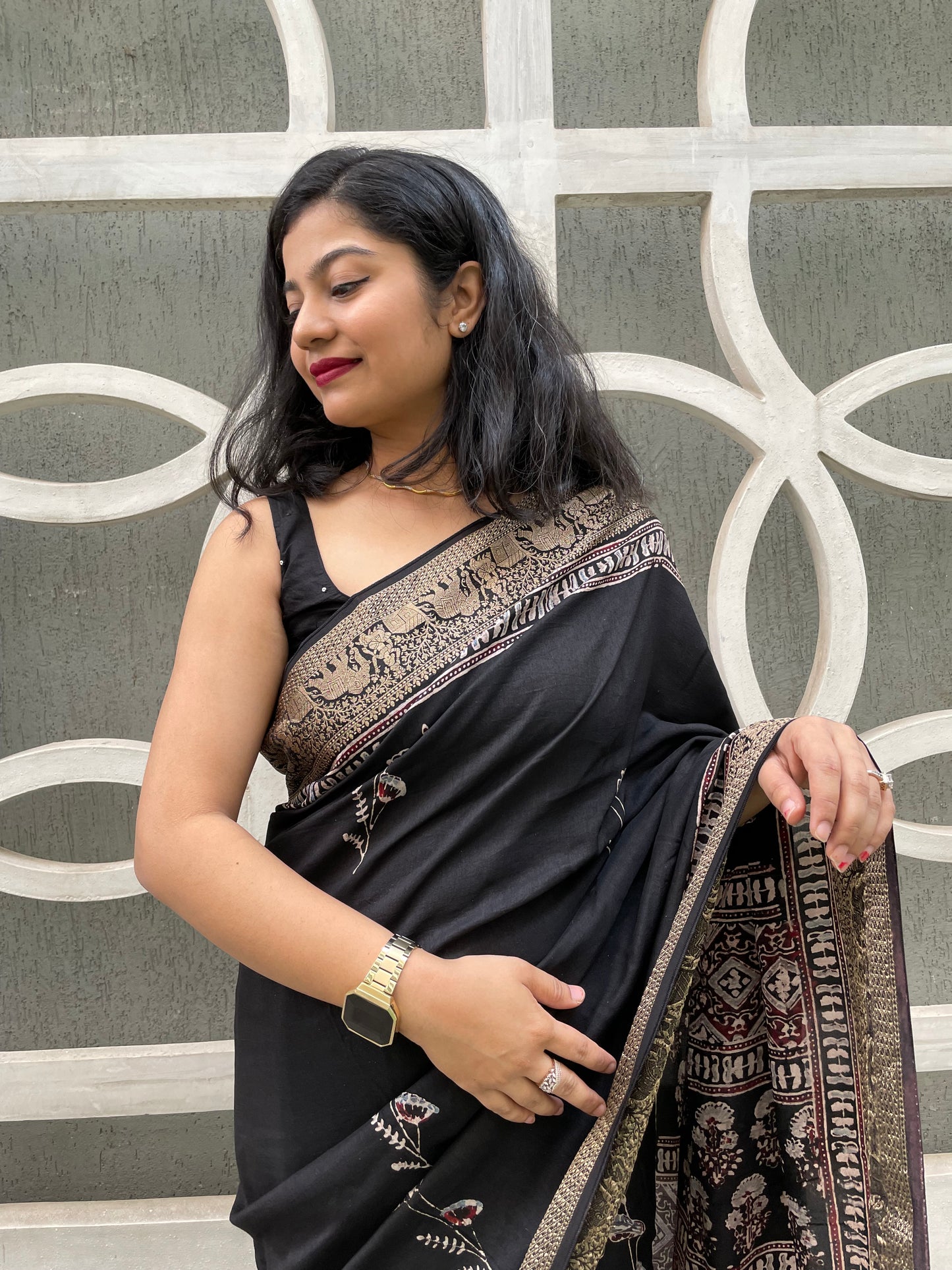 Black ajrakh dola silk zari border saree