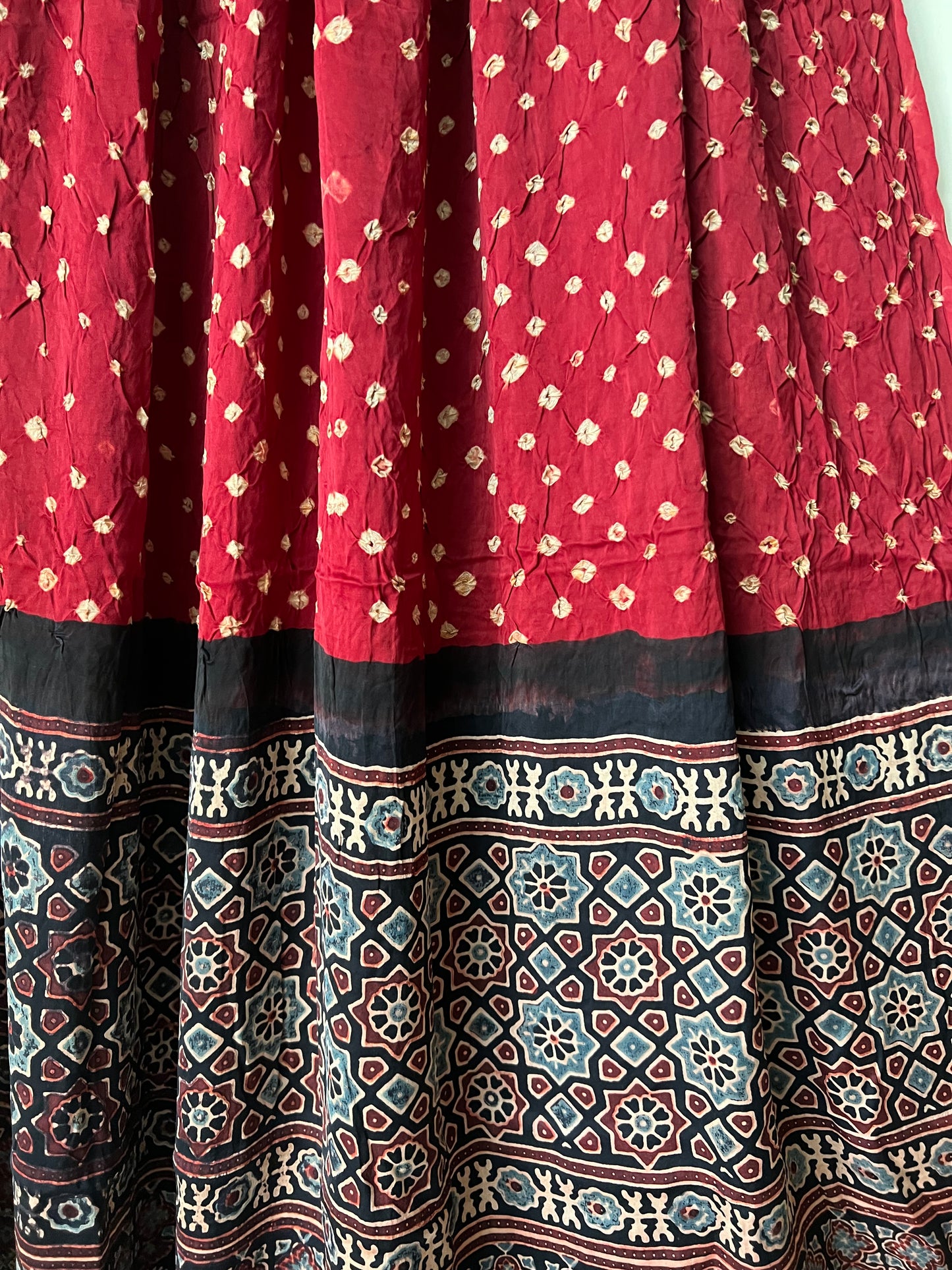 Maroon Red bandhani with black ajrakh silk dupatta