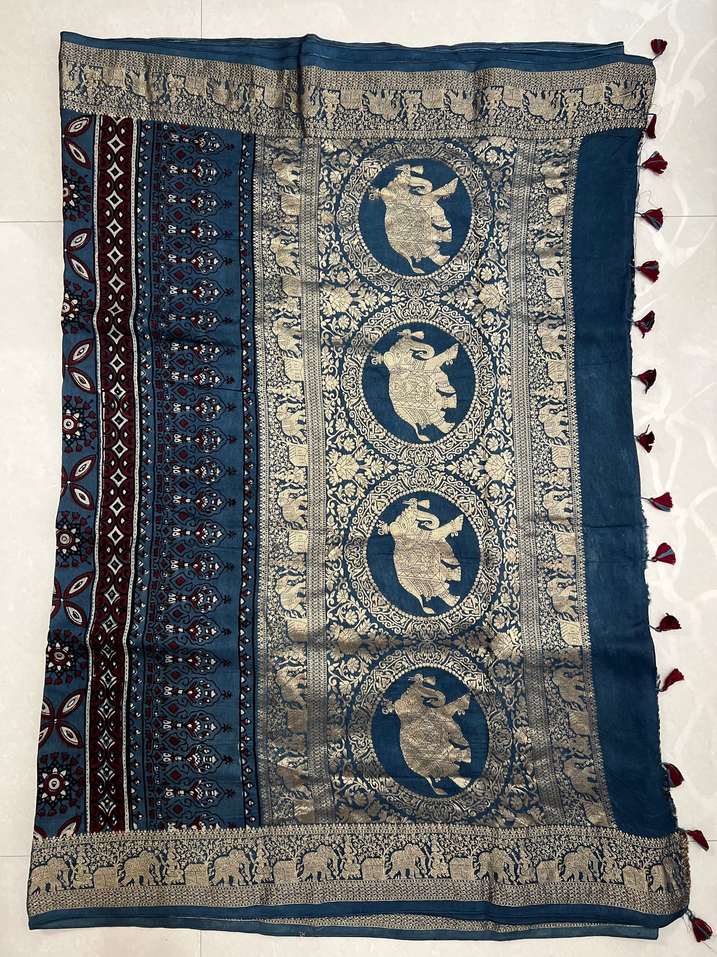 Indigo ajrakh dola silk zari border saree