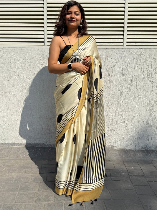Beige polka dot ajrakh modal silk saree