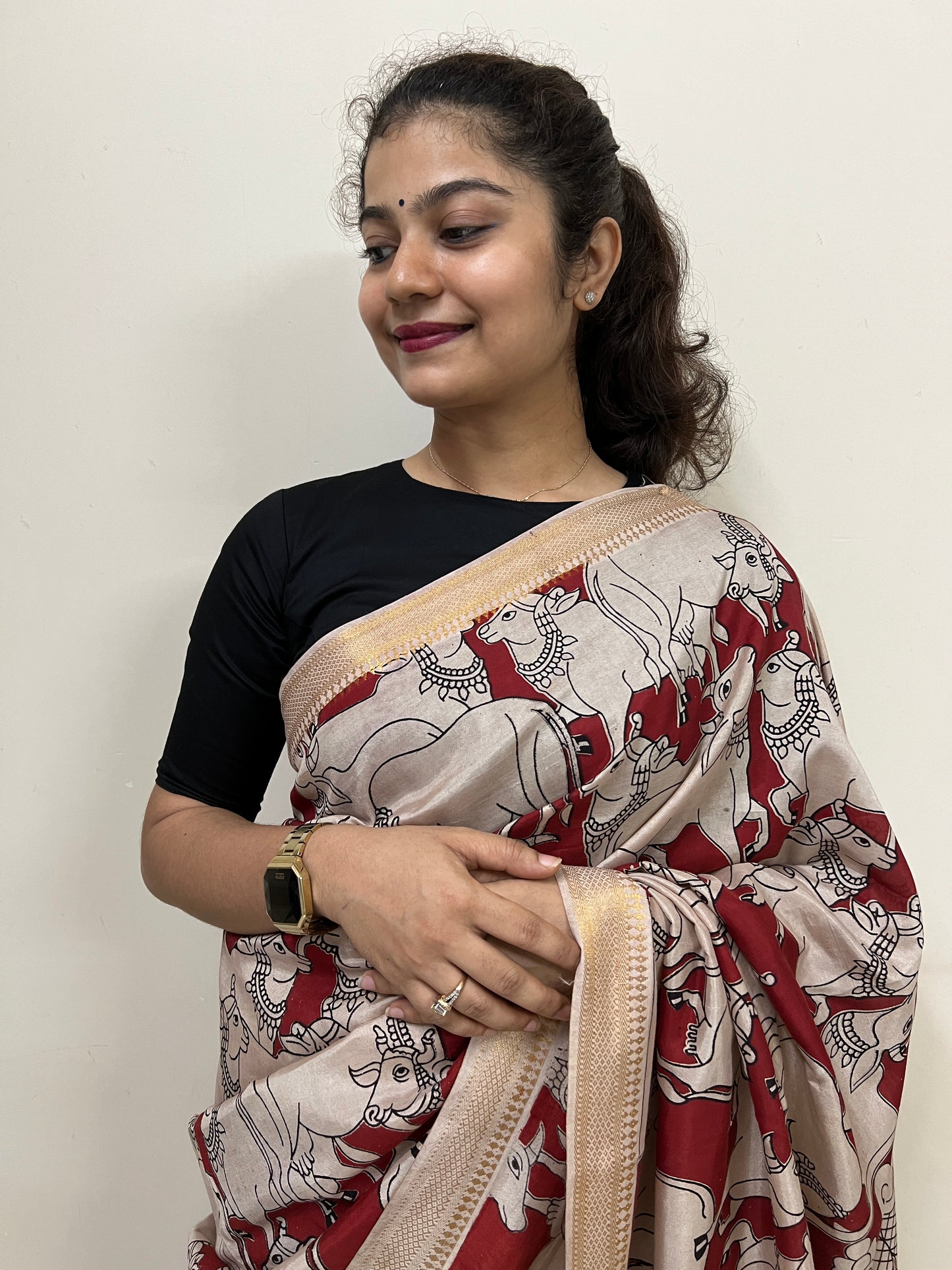 Maroon cow kalamkari chennur silk saree