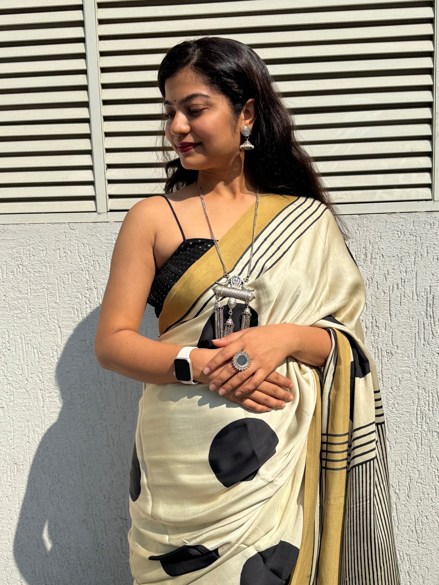 Beige polka dot ajrakh modal silk saree