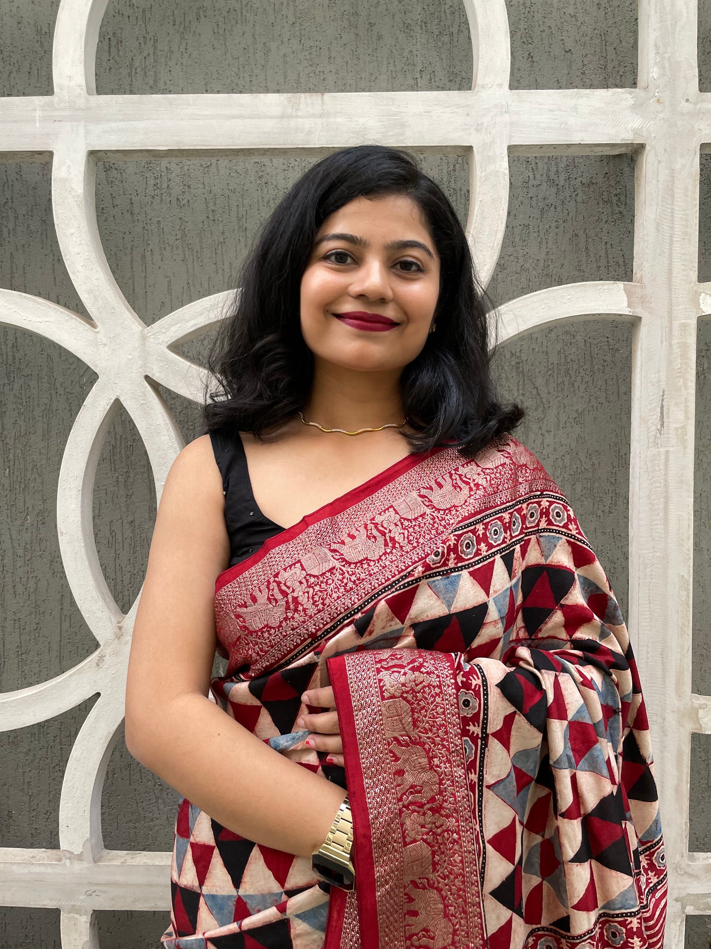 Maroon ajrakh dola silk zari border saree