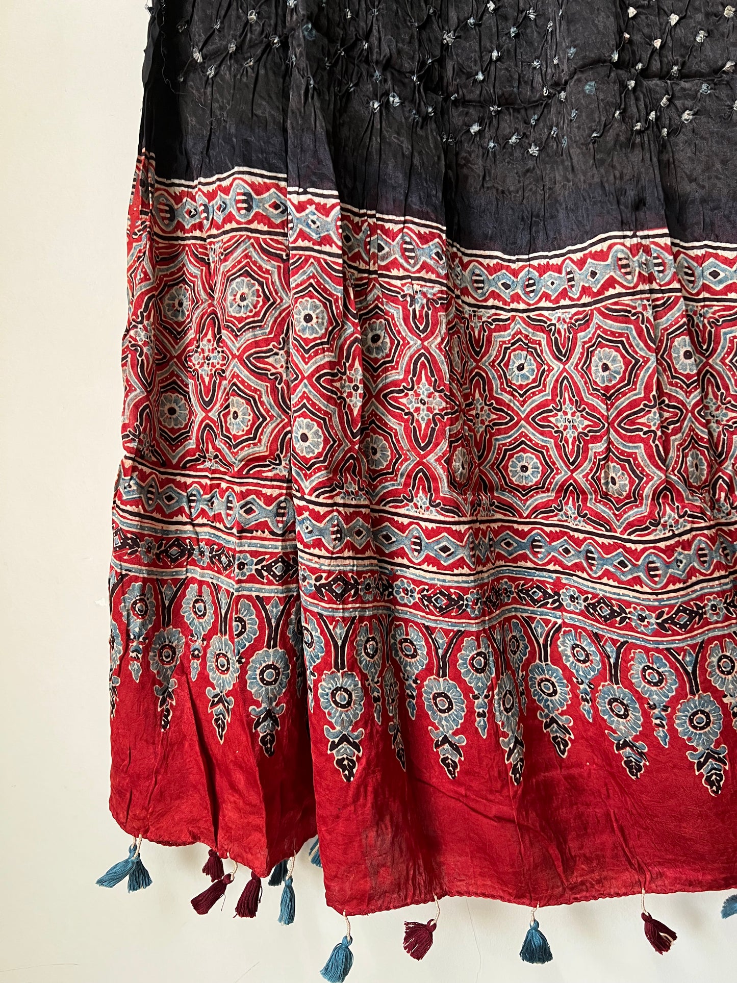 Black bandhani with red ajrakh silk dupatta
