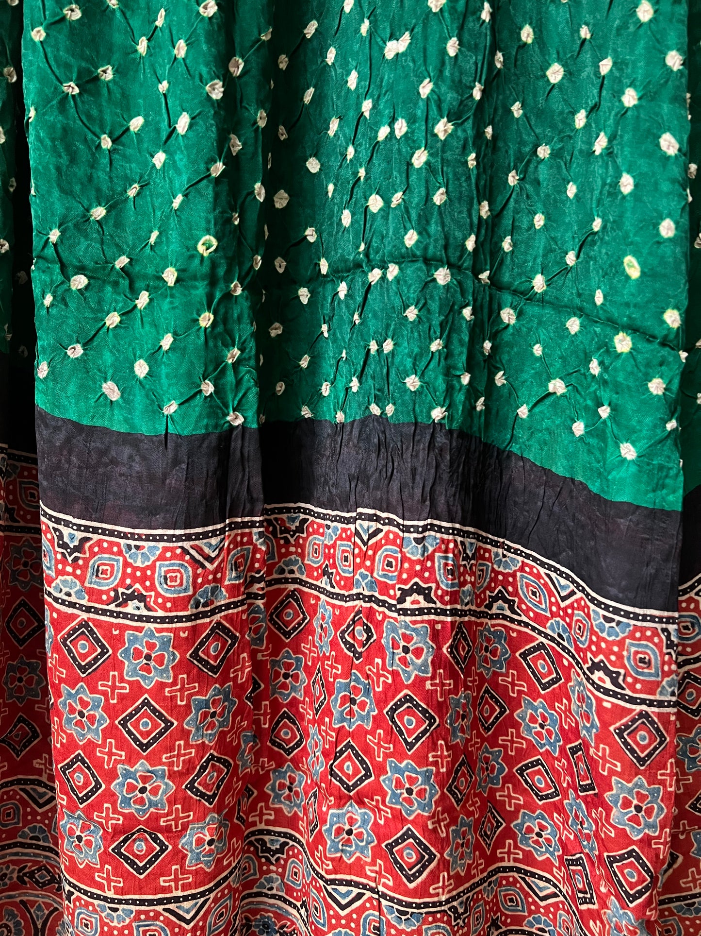 Green bandhani with red ajrakh silk dupatta