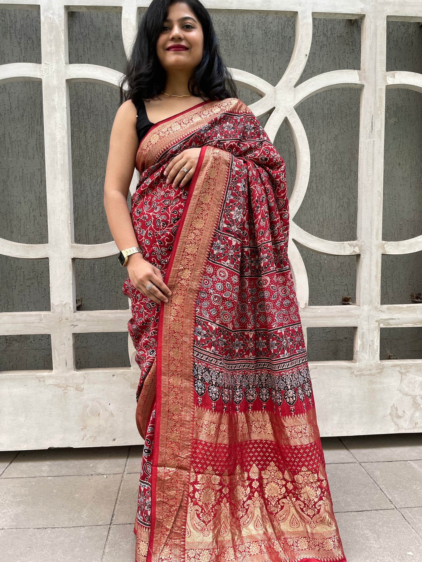 Red ajrakh dola silk zari border saree