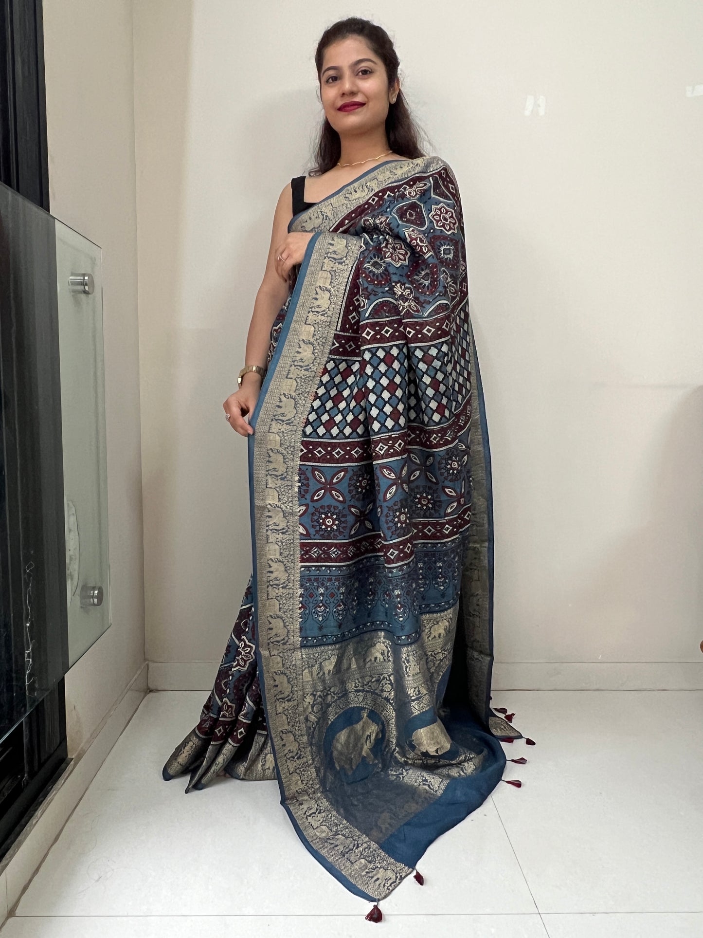 Indigo ajrakh dola silk zari border saree
