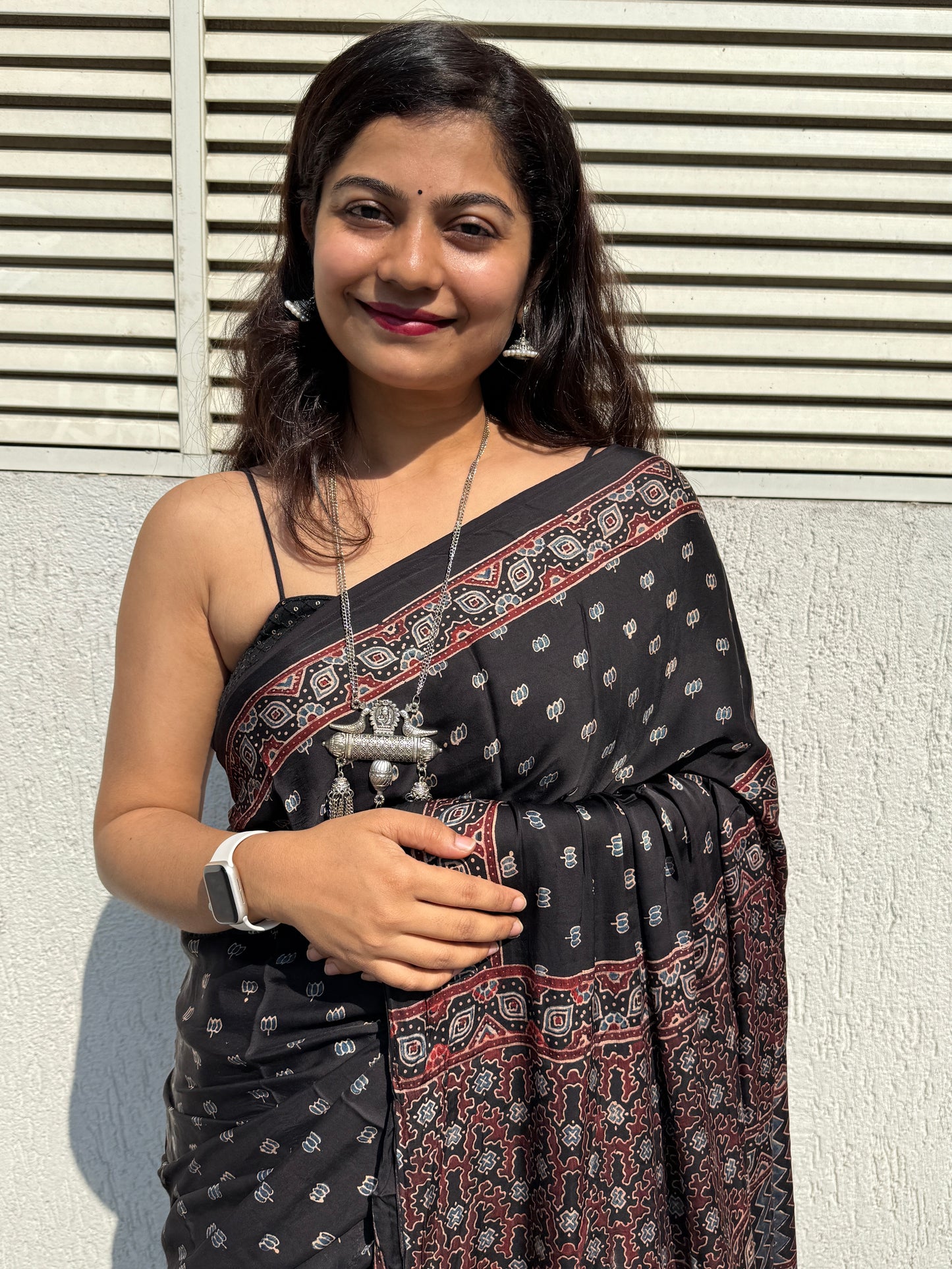 Ajrakh modal silk saree with tissue pallu