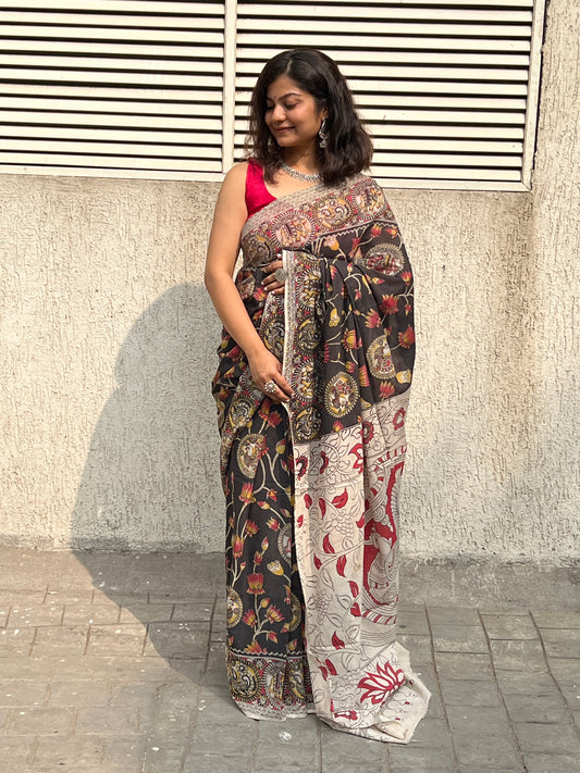 Black lotus kalamkari cotton saree
