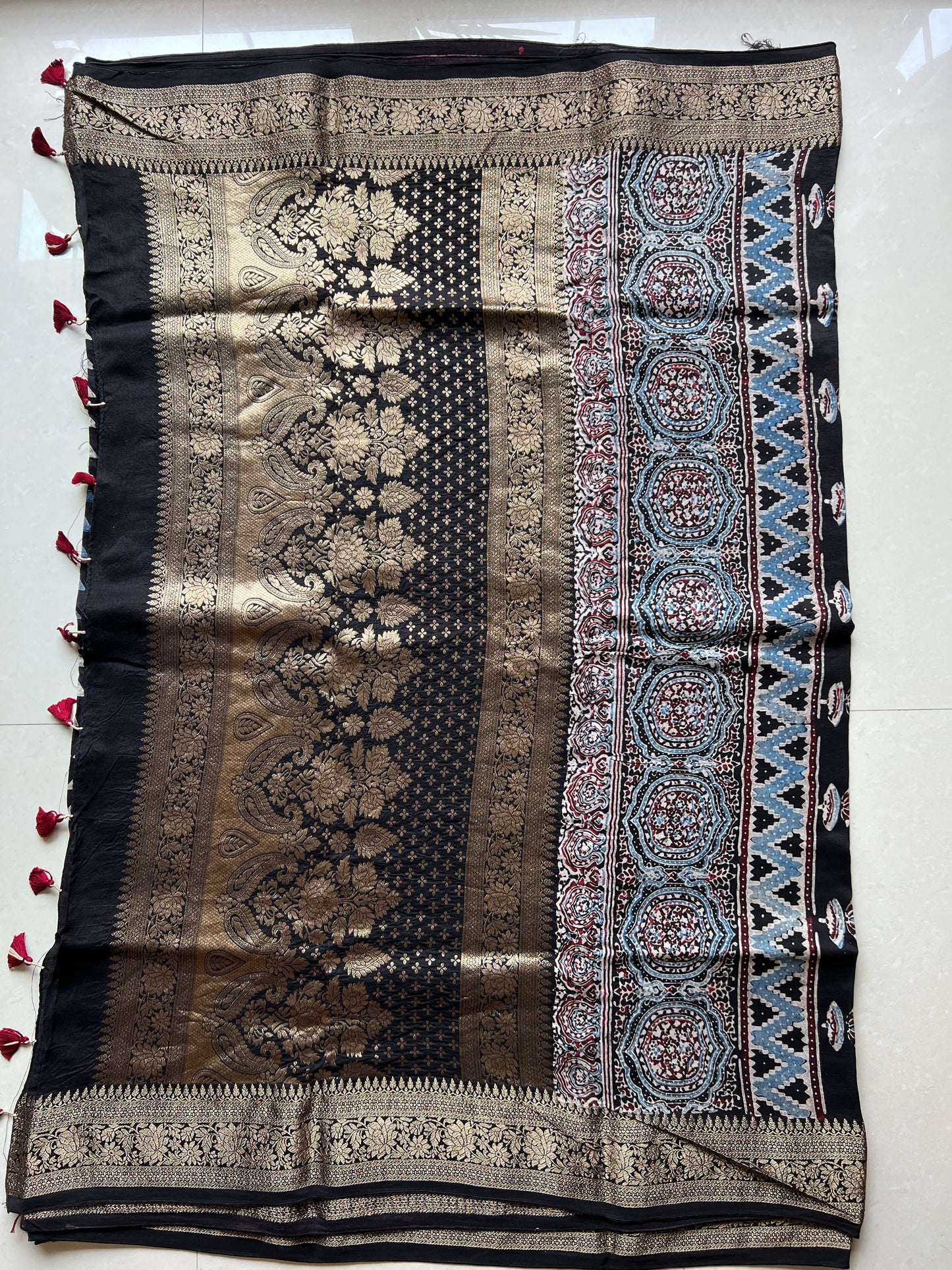 Black ajrakh dola silk zari border saree