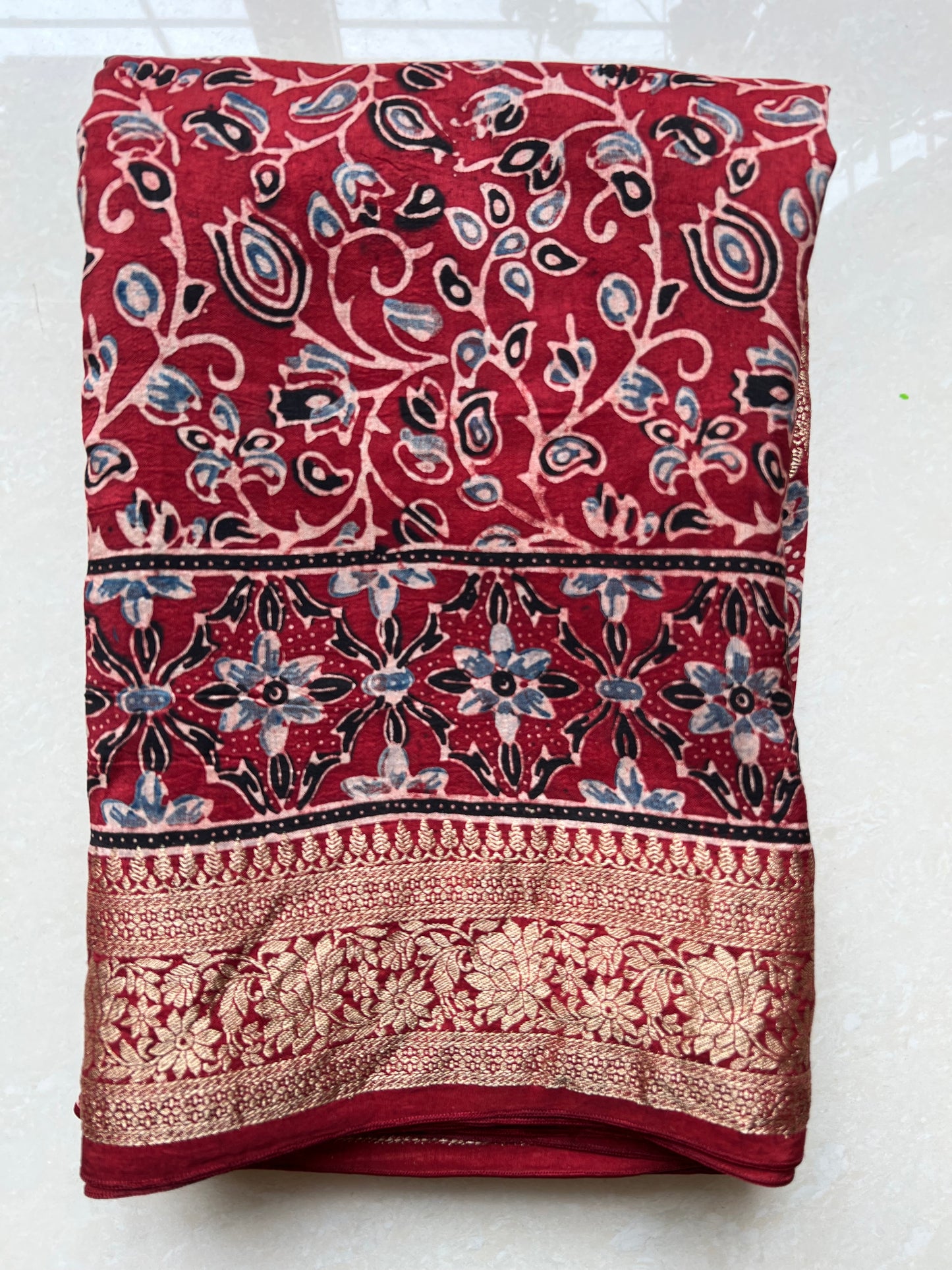 Red ajrakh dola silk zari border saree