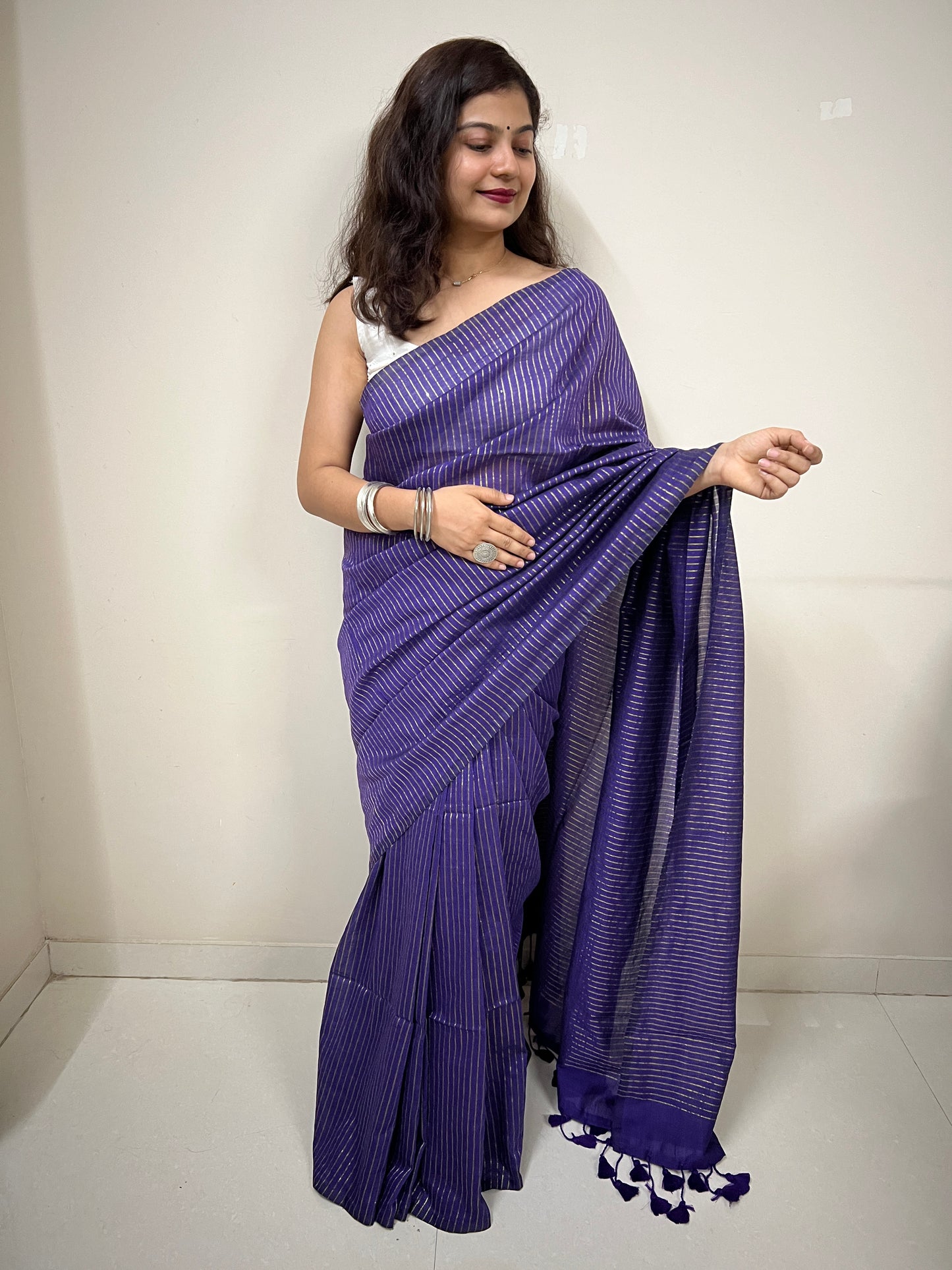 Purple khadi cotton lining saree