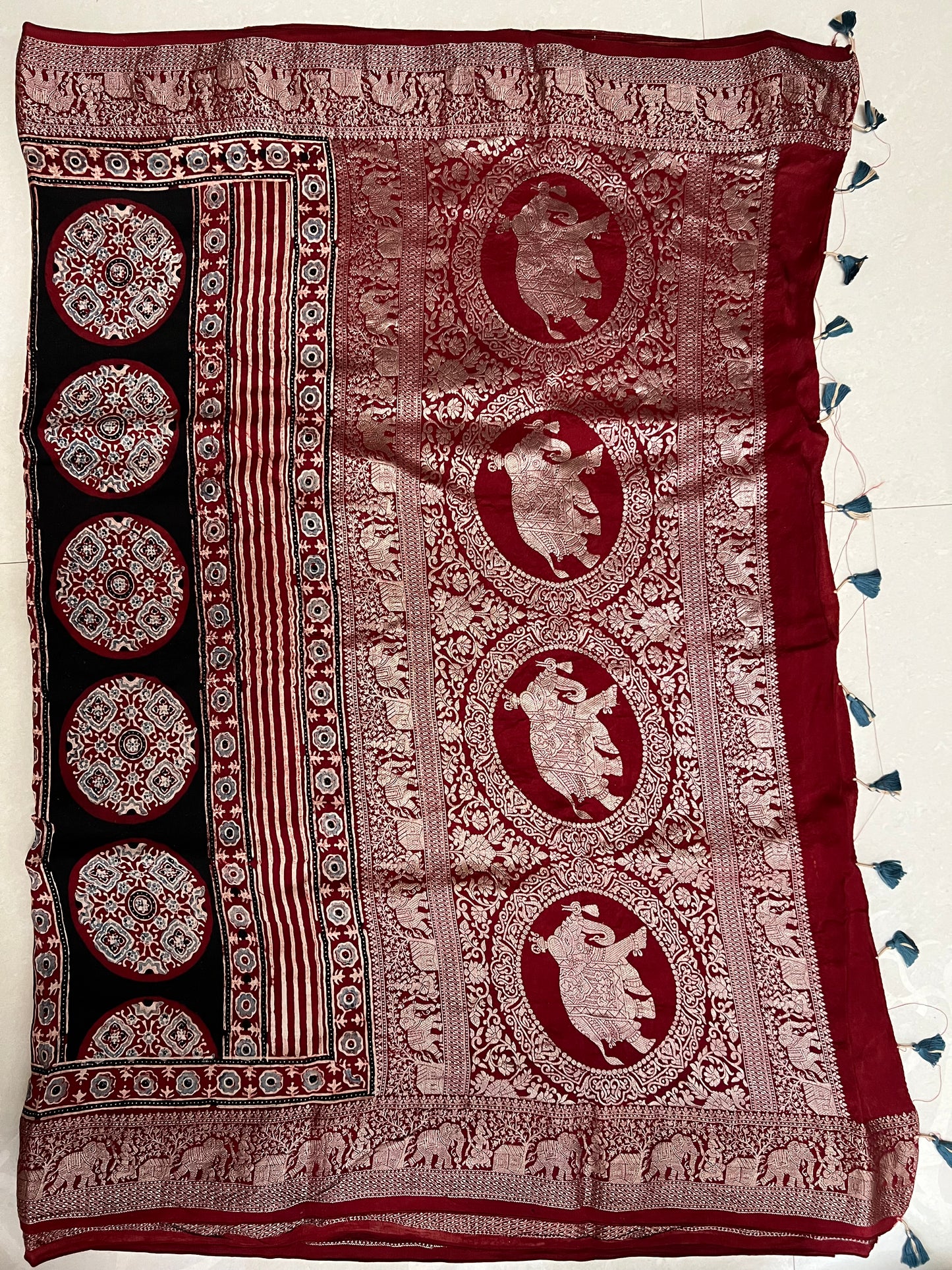 Maroon ajrakh dola silk zari border saree