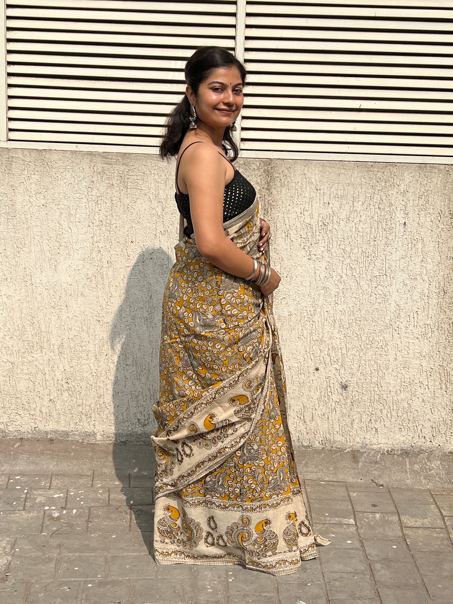 Yellow kalamkari mul cotton saree